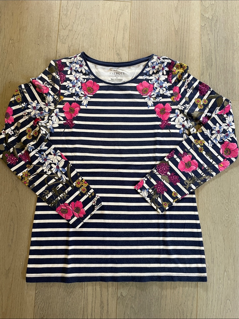 Talbots Navy & White Striped Long-Sleeve Top with Pink Floral Accents